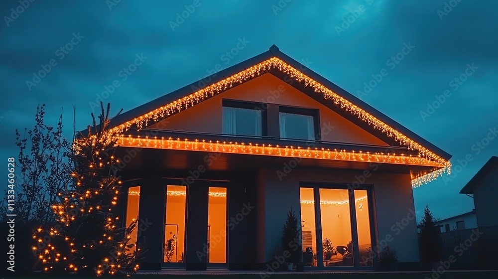 Fototapeta premium The exterior of the modern house is illuminated with warm white LED Christmas lights at night, showcasing clean lines and a minimalist design. 