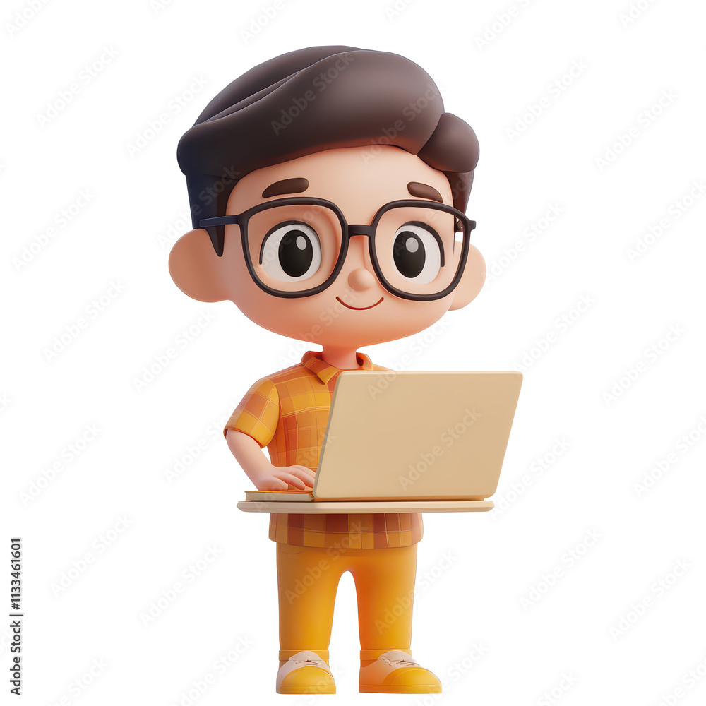 A cute cartoon character with glasses working on a laptop in a bright indoor setting during the day, 3D Cartoon Character with Laptop: Cute Guy Avatar Isolated on transparent background A cute cartoon character with glasses working on a laptop in a bright indoor setting during the day, 3D Cartoon Character with Laptop: Cute Guy Avatar Isolated on transparent background