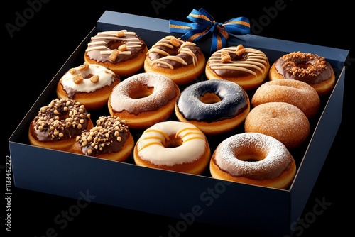 Donuts de Hanukkah con azúcar en polvo en una caja azul sobre fondo blanco photo