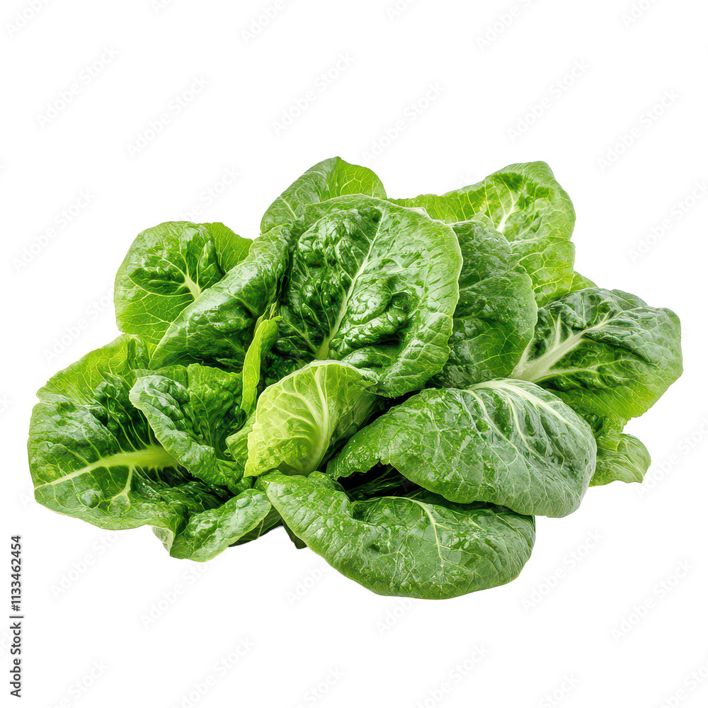 Fototapeta premium Fresh baby cos lettuce arranged neatly on a transparent background, showcasing its vibrant green color and healthy leaves, Baby cos lettuce on transparent background