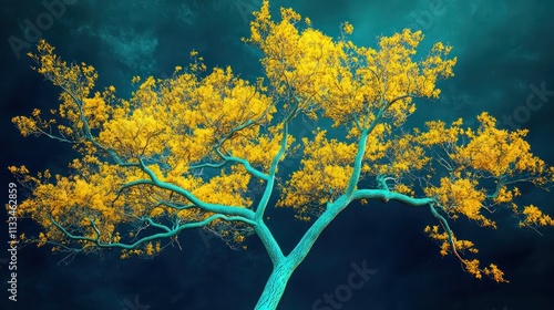 Surreal lemon-yellow tree with turquoise branches, set against a navy blue sky with soft light accents, for a dreamlike effect. photo