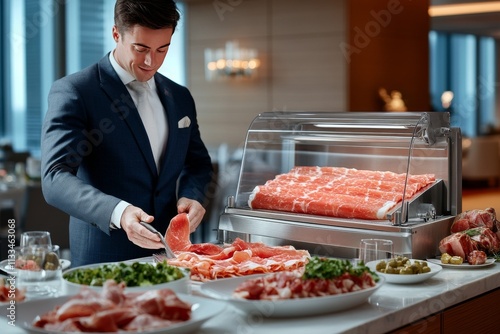 Corte preciso de prosciutto crudo por un carnicero en una charcutería elegante durante el día photo