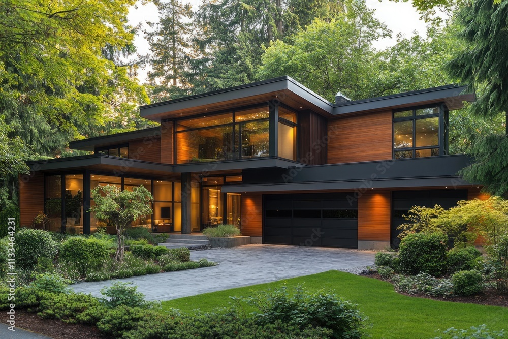 Modern concrete house exterior with landscaping in autumn Modern concrete house exterior with landscaping in autumn