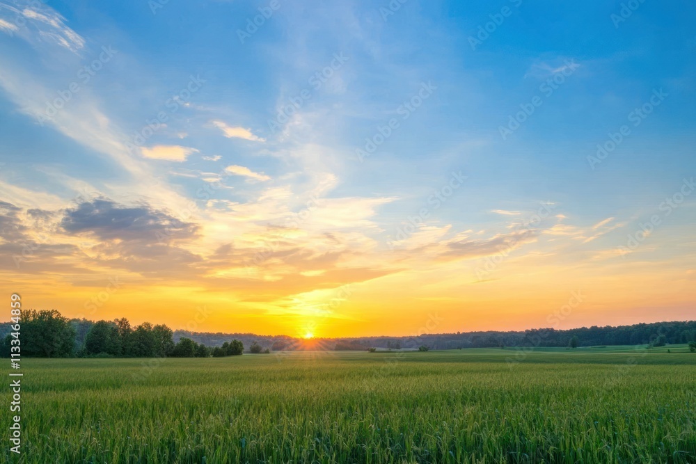 Golden sunrise over a vast green field under a clear blue sky with soft clouds, creating a peaceful rural scene Golden sunrise over a vast green field under a clear blue sky with soft clouds, creating a peaceful rural scene
