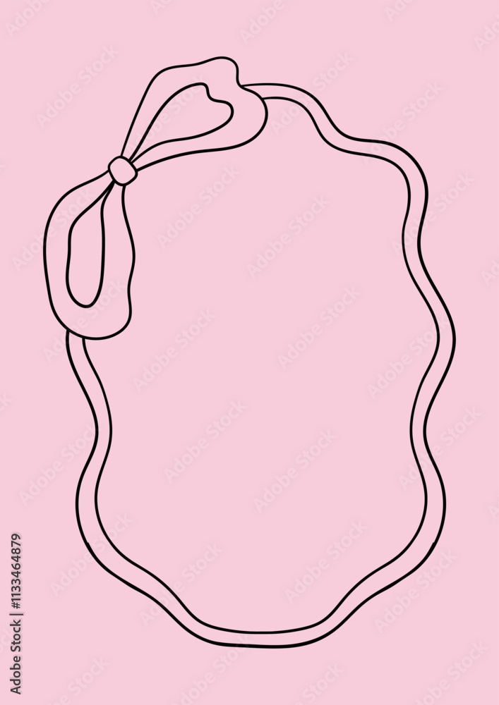 Wavy frame with a bow. Vector outline illustration in coquette aesthetic. Greeting card template with hand drawn ribbon. Holiday clipart in retro sketch style Wavy frame with a bow. Vector outline illustration in coquette aesthetic. Greeting card template with hand drawn ribbon. Holiday clipart in retro sketch style