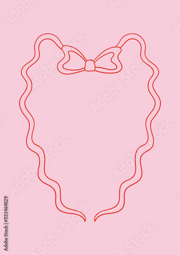 Vector outline illustration of heart shaped wavy outline bow in coquette aesthetic. Greeting card template with hand drawn ribbon frame. Holiday clipart in vintage sketch style