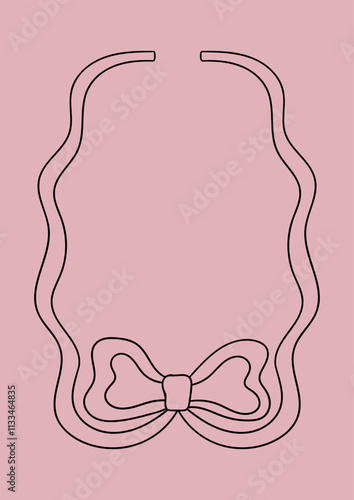 Wavy frame with a bow. Vector outline illustration in coquette aesthetic. Greeting card template with hand drawn ribbon. Holiday clipart in retro sketch style	