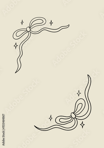 Wavy and quirky linear hand drawn bows. Vector outline illustration of ribbon frame. Greeting card template in coquette retro aesthetic