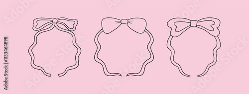 Set of wavy and quirky abstract vintage bow frames. Vector hand drawn outline illustration of ribbons