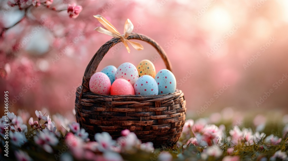 Colorful easter eggs resting in a wicker basket under a blooming cherry tree during a beautiful sunset Colorful easter eggs resting in a wicker basket under a blooming cherry tree during a beautiful sunset