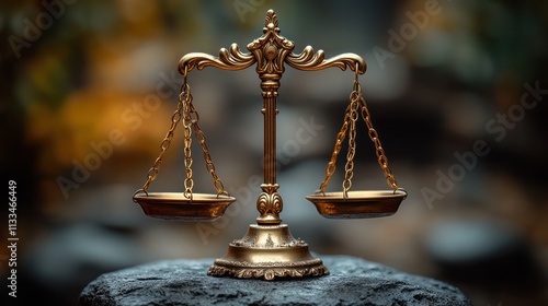 Antique brass balance scales on a rock, outdoors.