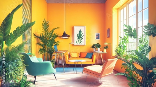 Bright and Vibrant Living Room with Tropical Plants and Decor