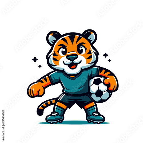 Dynamic tiger in a soccer uniform holding a ball, ready to play in a fun and sporty cartoon style. High-quality isolated vector illustration perfect for sports logos, team mascots, and branding.