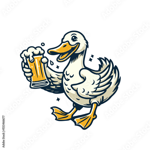Cheerful duck holding a beer mug with a big smile in a fun and playful cartoon style. High-quality isolated vector illustration ideal for party themes, bar branding, and humorous designs.