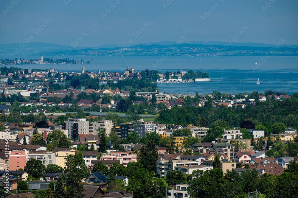 Fototapeta premium RORSCHACH, SWITZERLAND - Panoramic view of the Swiss town of Rorschach on the south bank of Lake Constance 
