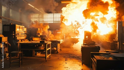 A catastrophic industrial explosion occurred in a factory setting, creating chaos and significant devastation
