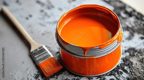 Open can of orange paint with paintbrush. photo