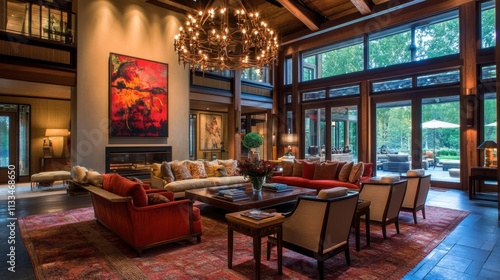 Cozy and Elegant Living Room with Large Windows and Chandelier