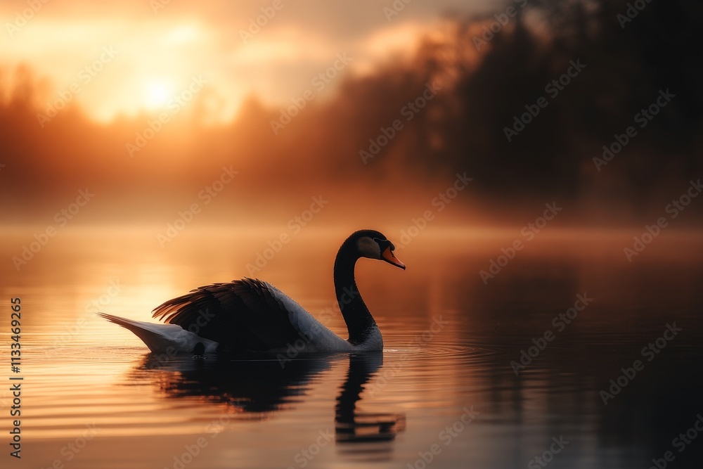 Fototapeta premium Elegant swan glides gracefully across calm lake at sunset surrounded by misty atmosphere