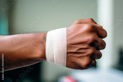 Wrists wrapped in bandages to treat pain and injury from tendinitis due to repetitive motions. photo