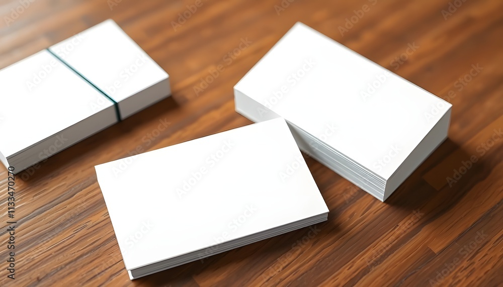 Blank business cards lie on a wooden table, ready for your design Blank business cards lie on a wooden table, ready for your design