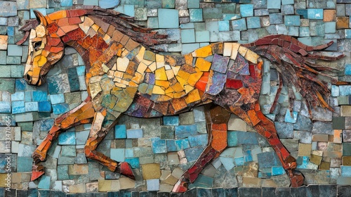 A mosaic-style depiction of a horse using vibrant tiles and textures. photo