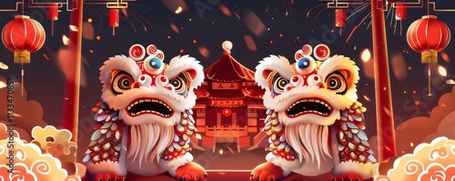 Two lion dance costumes at night with fireworks and lanterns. photo