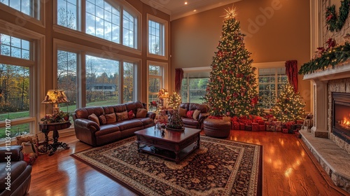 Cozy Living Room Decorated for the Holidays with Christmas Tree