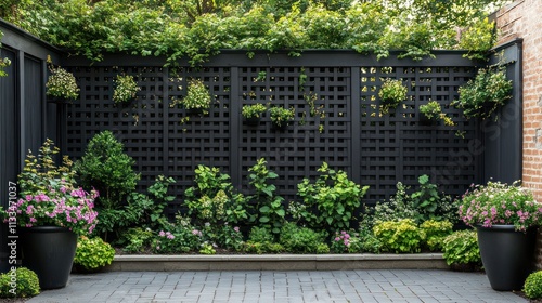 Black lattice fence with potted plants and lush greenery in a backyard patio setting.