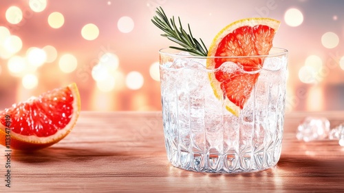 A refreshing gin cocktail garnished with a slice of grapefruit and a sprig of rosemary, served in a crystal glass against a festive bokeh background, celebrating Ginuary. photo