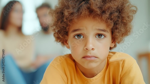 A worried child sitting in the foreground while parents sit distantly in the background, symbolizing the emotional impact on children during International Child-Centered Divorce Month.