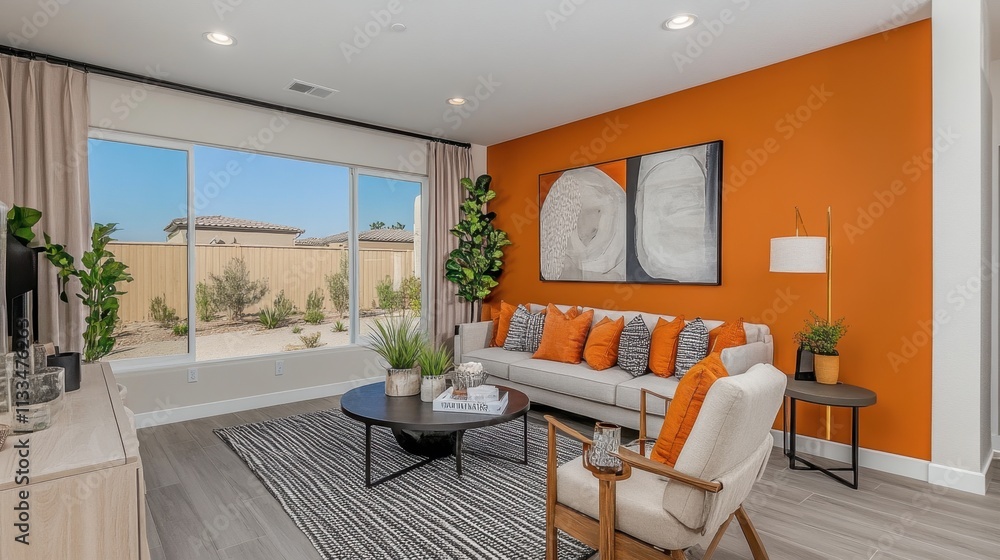 Fototapeta premium Modern Living Room with Orange Accent Wall and Stylish Decor