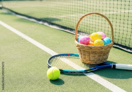 Colorful easter basket on tennis court with racket and ball