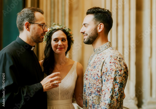 Joyful wedding ceremony with bride, groom and clergyman in elegant setting