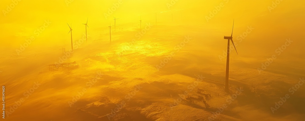 Obraz premium Aerial view of group of wind turbines on sunrise yellow sky.