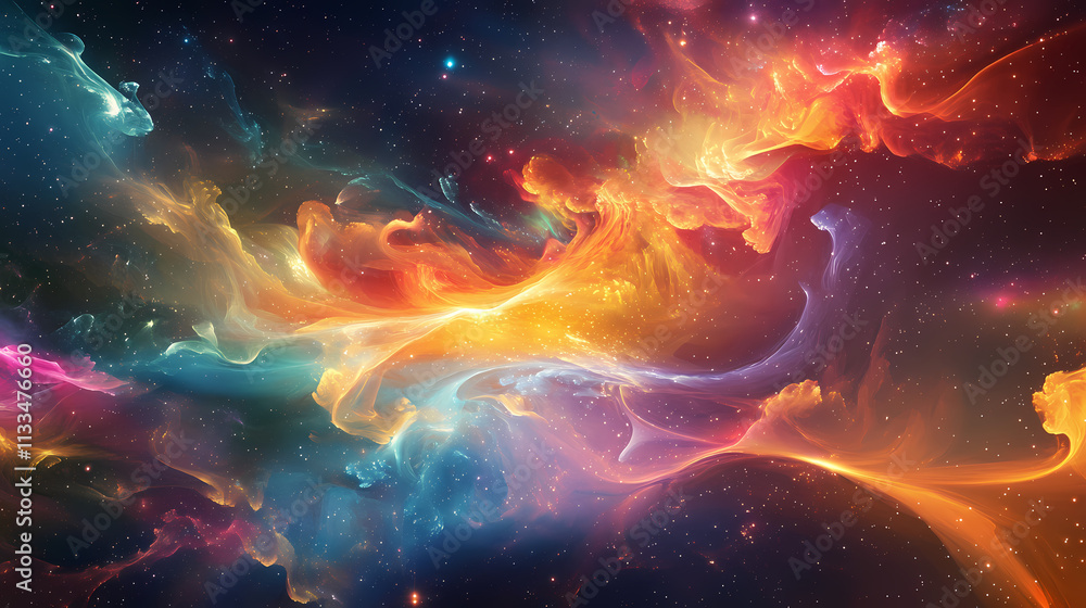 Fototapeta premium Bright and colorful vector design showcasing vibrant shapes and dynamic colors in space. Ether. Illustration