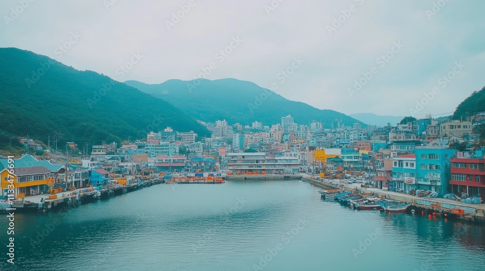 Fototapeta premium Scenic Coastal View of Colorful Fishing Village and Mountain Background