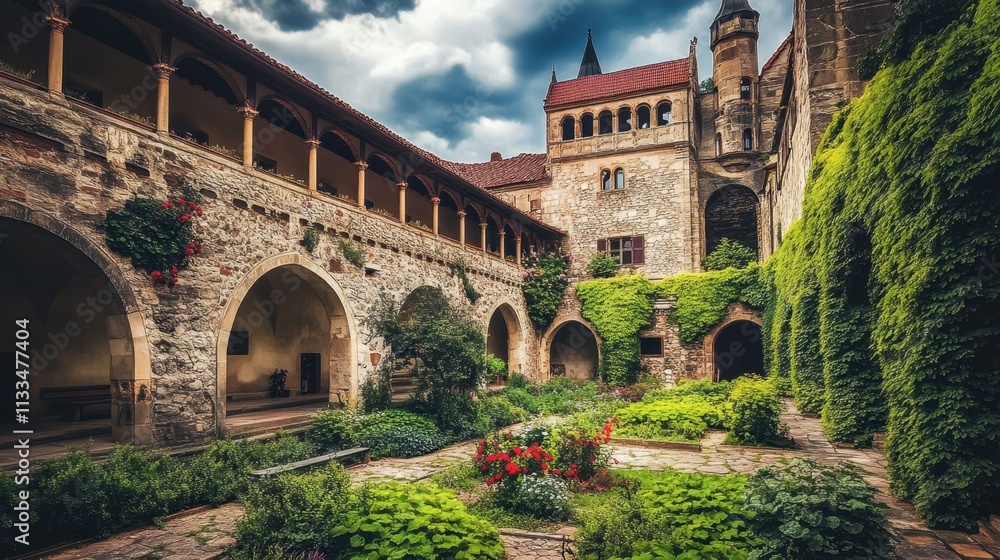 Obraz premium Lush Courtyard with Historical Architecture Under Dramatic Skies
