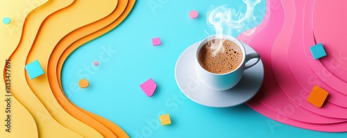 Steaming coffee cup with vibrant abstract geometric background
