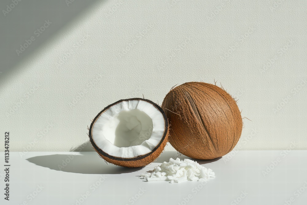 Fototapeta premium Fresh Coconut with Open Shell and Shredded Meat on White Surface