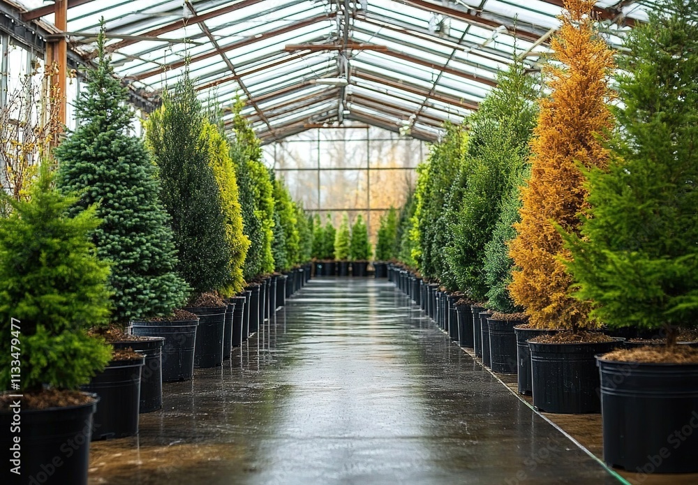 Obraz premium A wide shot of many large potted trees in black pots lined up along the interior wall of an expansive greenhouse.