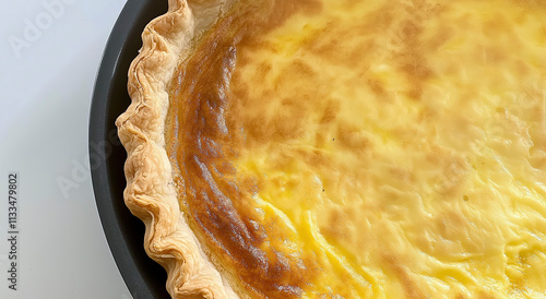 um close de uma quiche em uma panela em um fundo branco A quiche é de cor marrom-dourada e tem uma crosta escamosa Parece que foi assada recentemente e está pronta photo