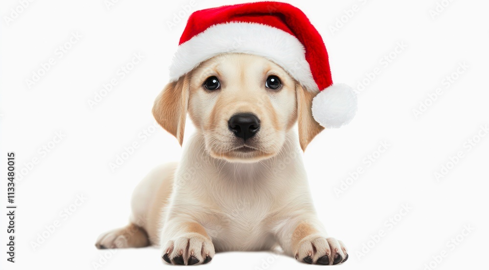 Cute yellow Labrador Retriever puppy in Santa Claus red hat on white background. Cute yellow Labrador Retriever puppy in Santa Claus red hat on white background.