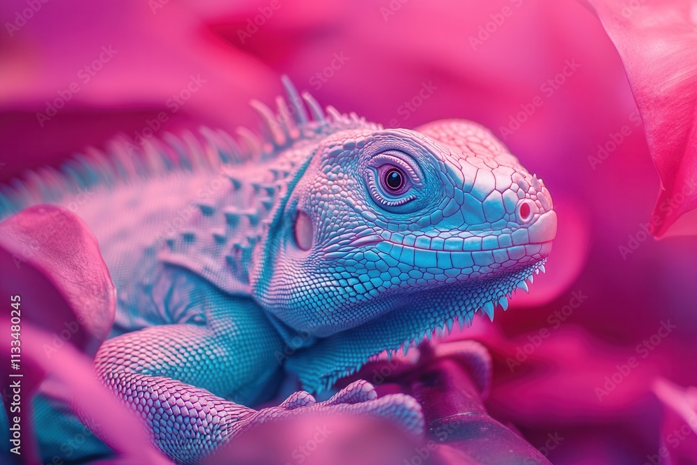 Fototapeta premium Fiji banded iguana resting on a branch in vibrant pink and blue colors