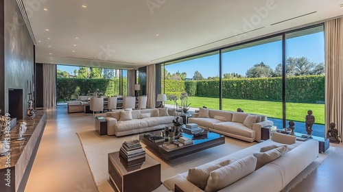 Modern Chic Living Room with Expansive Windows and Garden View