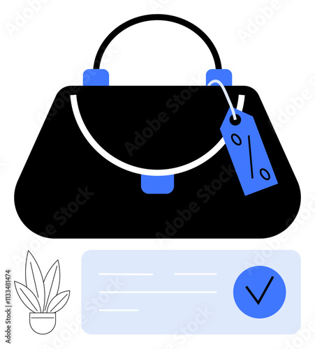 Elegant black handbag with a blue discount tag, next to a blue approval checkmark and a small potted plant. Ideal for e-commerce, fashion sales, shopping apps, promotions, online marketing, store