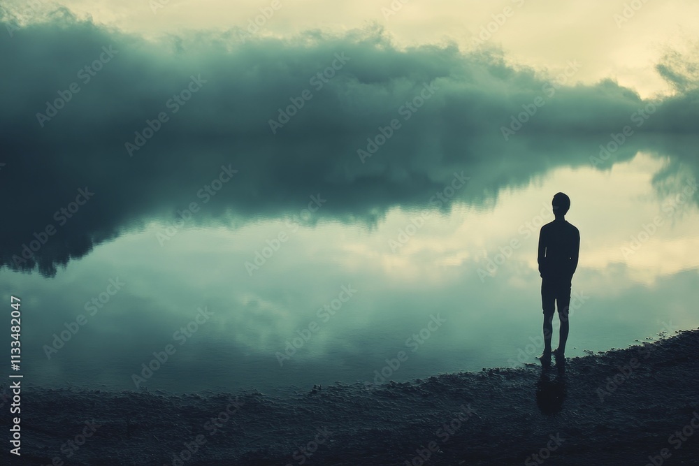 Fototapeta premium Silhouette person, calm water, misty sky, serene scene.
