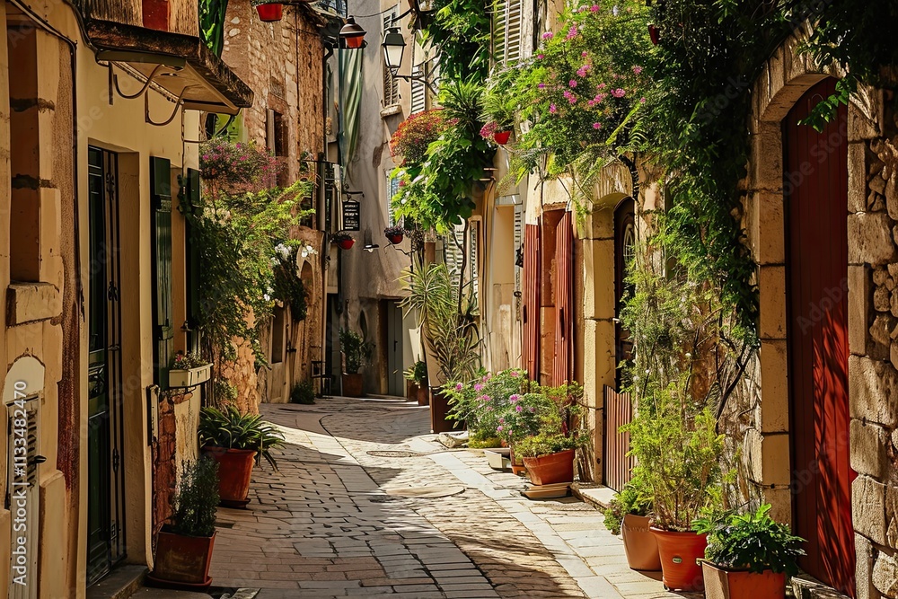 Cozy street in the historic center of Antibes, France, French Riviera near the Mediterranean Sea. Cozy street in the historic center of Antibes, France, French Riviera near the Mediterranean Sea.