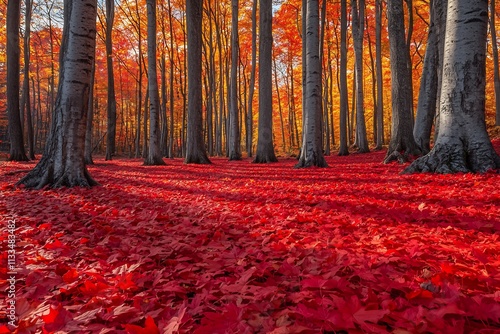 Serene autumn morning with sunlight streaming through the trees casting long shadows on the forest floor covered in red and orange leaves photo