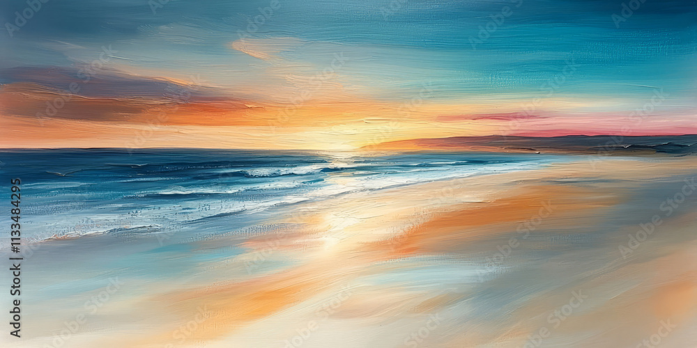 Obraz premium Serene Beach Sunset Over Calm Ocean Waves